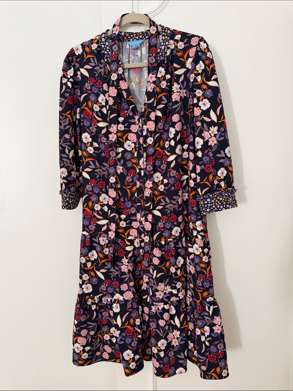Draper James Navy Floral Midi Dress with Pink and Orange Blooms